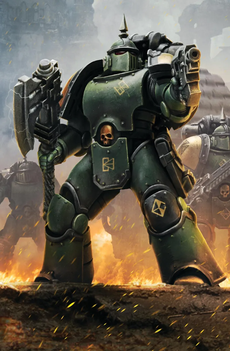 Un Adeptus Astartes en armure, arme au poing, sur un champ de bataille en flammes
